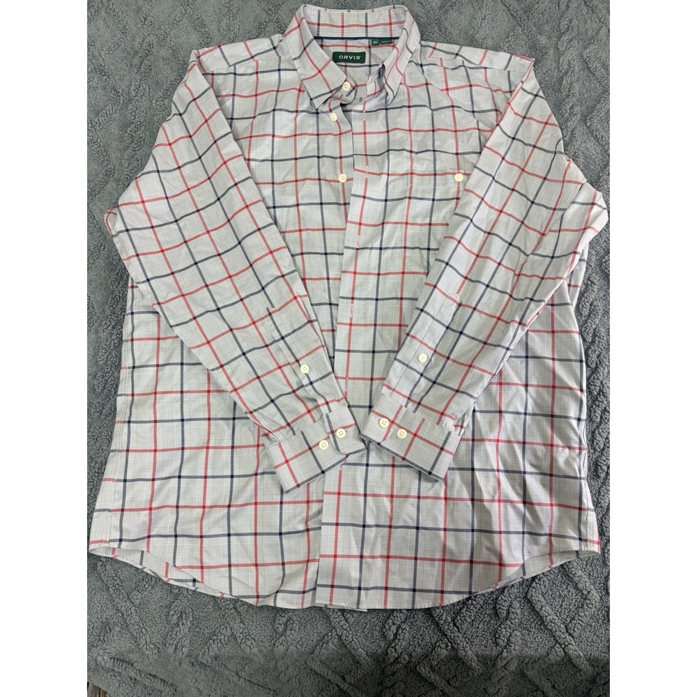 Orvis Men's White Blue Red Check Button Down Long Sleeve Button Up Shirt Size XL
